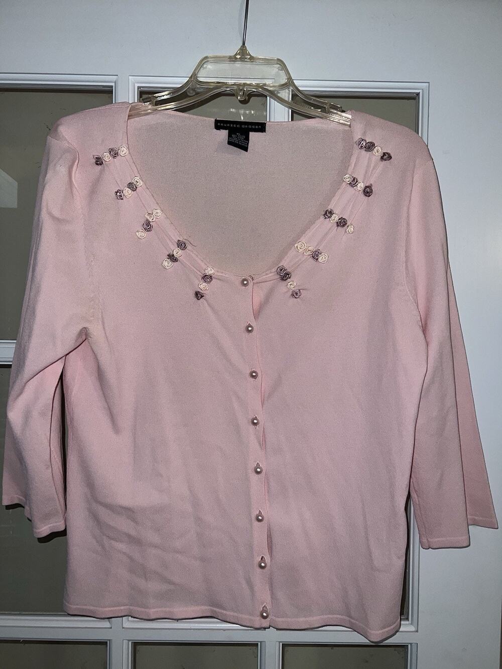 Maurice Sasson Women’s Pink Embellished Button Down Coquette Cardigan Size Large